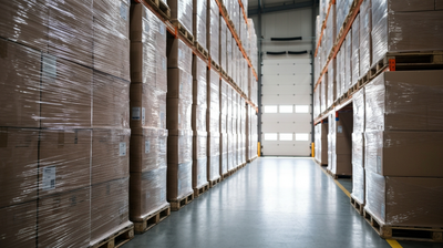 Warehouse loading dock aisle with shrink-wrapped pallets on industrial racking