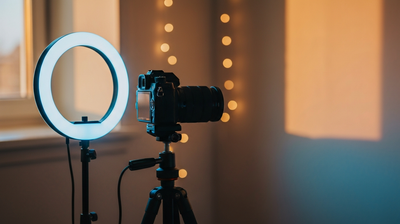 A ring light and mirrorless camera on a tripod in a softly lit home content-creation studio corner