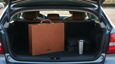 Open car trunk with a closed leather sample case, laptop bag, and travel mug in morning parking lot light