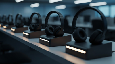 Row of minimalist unbranded headset charging docks on a shelf at an empty call-center floor, cool blue-hour lighting