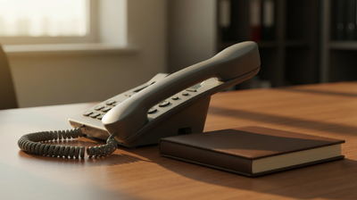 A corded office phone handset lifted off its cradle resting on a desk beside a closed leather notebook, warm afternoon light