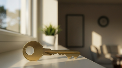 Brass door key on a ring resting on a sunlit windowsill in a bright, freshly staged model apartment