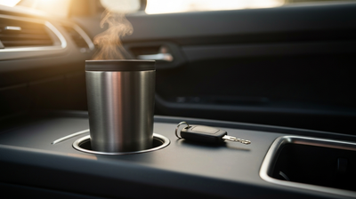 Close-up of a travel mug with steam and a car key resting on a car center console in soft morning light