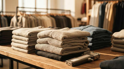 Neatly folded retail apparel and knitwear stacked on a wooden display table in warm daylight