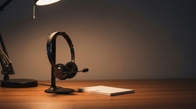 Office headset resting on a desk stand beside a closed blank notepad, softly lit by a warm desk lamp