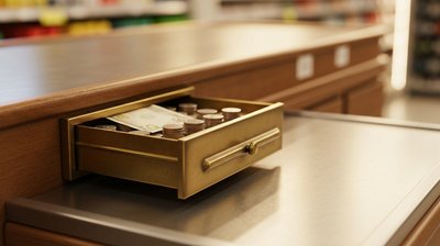 Vintage brass cash drawer partially open with stacked coins and a folded bill on a checkout counter, warm retail lighting