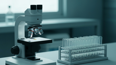 Clinical laboratory bench with microscope and slide rack