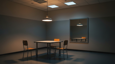 Empty police interview room with a one-way mirror