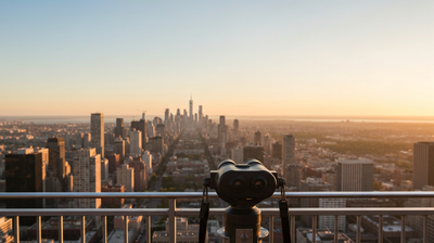 Rooftop observation deck overlooking a city skyline at golden hour