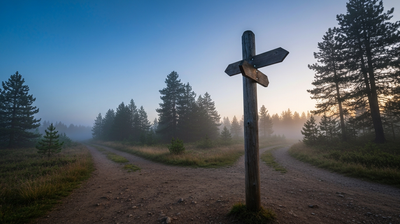 Forest trailhead at dawn with a wooden trail-marker post