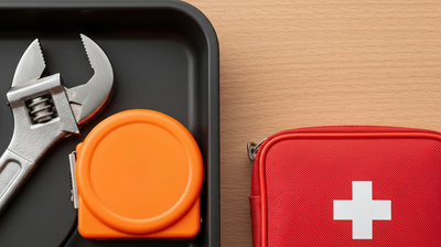 Open home toolbox with wrench, tape measure, and first-aid kit