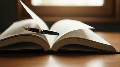 Open hardcover book with a fountain pen on a wooden desk