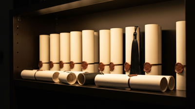 Rolled certificate scrolls with wax seals on a shelf