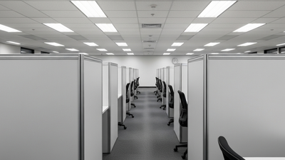 Empty computer-based testing center with terminal desks