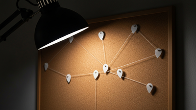 Cork pin board with string connecting blank map pins