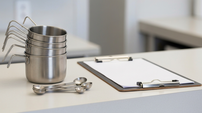 Nutrition consultation counter with measuring cups and clipboard