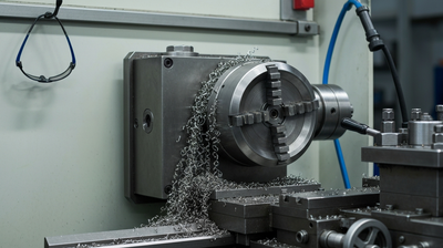 Machine shop with a manual lathe and metal shavings