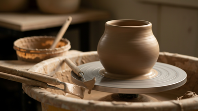 Pottery studio with a wheel-thrown clay vessel