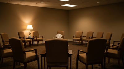 Community center support-group room with empty chairs in a circle