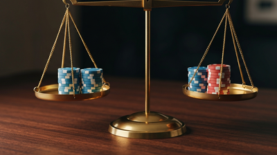 Brass balance scale with poker-chip tokens on a wooden desk