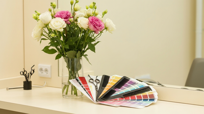 Professional salon station with scissors, comb, and color swatches