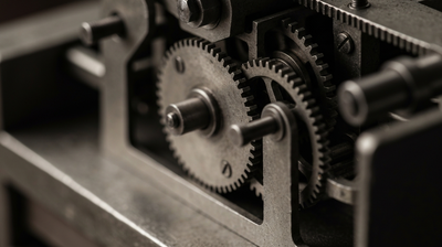 Close-up of a vintage mechanical punch time-clock's internal gears