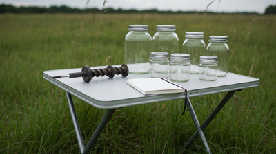 Outdoor field-biology setup with soil sample corer and specimen jars