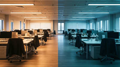 Open-plan office split between warm-lit occupied desks and dim empty desks