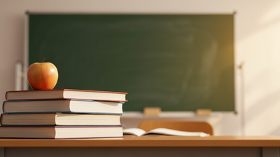 Classroom teacher's desk with textbooks, an apple, and a blank chalkboard