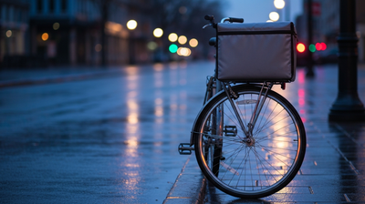 Gig-delivery bicycle with insulated bag at a city curb at dusk