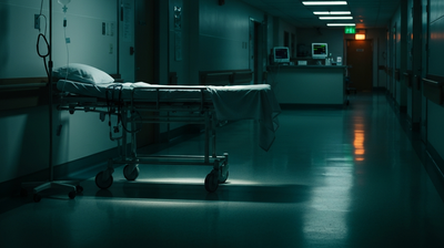 Empty hospital corridor at the turn of the night shift, a made gurney parked under a single light with vital-sign monitors glowing at a distant nurses station
