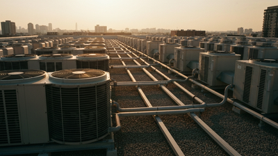 Rooftop HVAC condenser array at golden hour, rows of units and ducting running in geometric lines with a city skyline behind