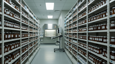 Hospital pharmacy aisle at night, shelves of amber vials receding in rows toward a stainless compounding hood