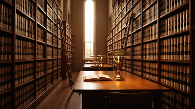 Law library aisle at dusk lined with bound volumes, a brass lamp lighting an open book on an empty research carrel