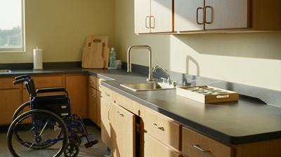 Occupational therapy suite in morning light with an adaptive kitchen station, grab bars and a wheelchair parked beside the counter
