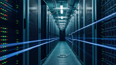 Cold aisle of a data centre, server racks receding in parallel lines with status LEDs streaking into light trails