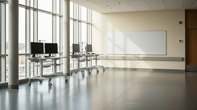 Empty hospital corridor at shift change with two unattended rolling workstations and a blank whiteboard, warm daylight through tall windows
