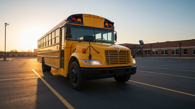 A single yellow school bus parked alone in an empty school lot at sunrise, brick school building in the background