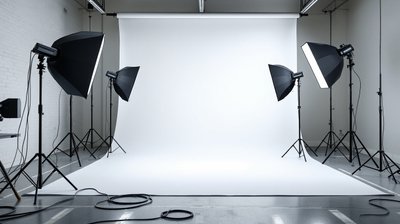 A content production studio with a seamless backdrop and studio lighting