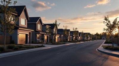 A newly completed suburban street of finished houses at dusk