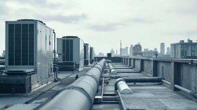 A commercial rooftop plant deck of HVAC units and ductwork