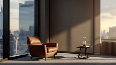 A private client meeting room overlooking a city skyline