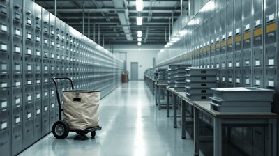 A postal sorting room with pigeonhole racks and a mail hamper