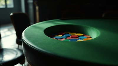 A green baize table with a recessed well of coloured discs