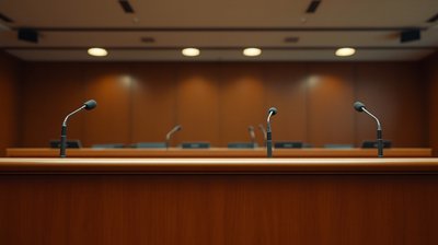An empty school board dais and its row of microphones