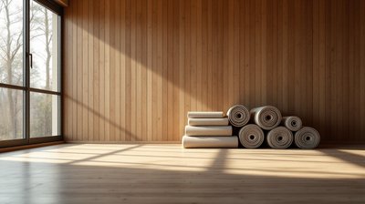 An empty yoga studio with rolled mats against a timber wall