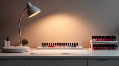 A nail salon manicure station with lamp and polish rack