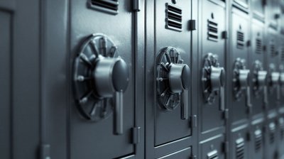 A bank of fire-rated document safes with dial handles