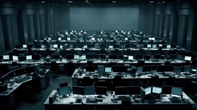 A deserted institutional trading floor with monitors dark