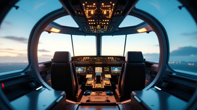 An airliner flight deck at first light